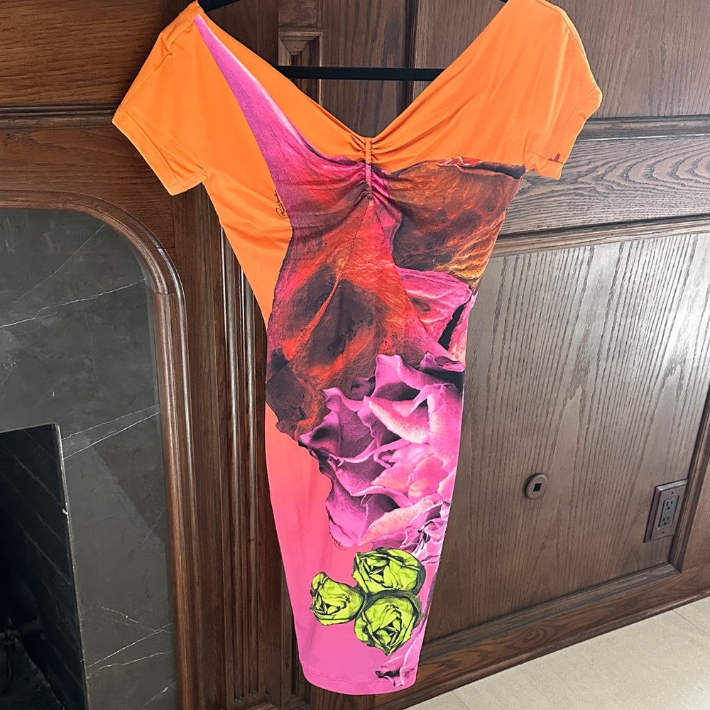 Vintage Roberto Cavalli Vibrant Orange and Pink Women's Dress